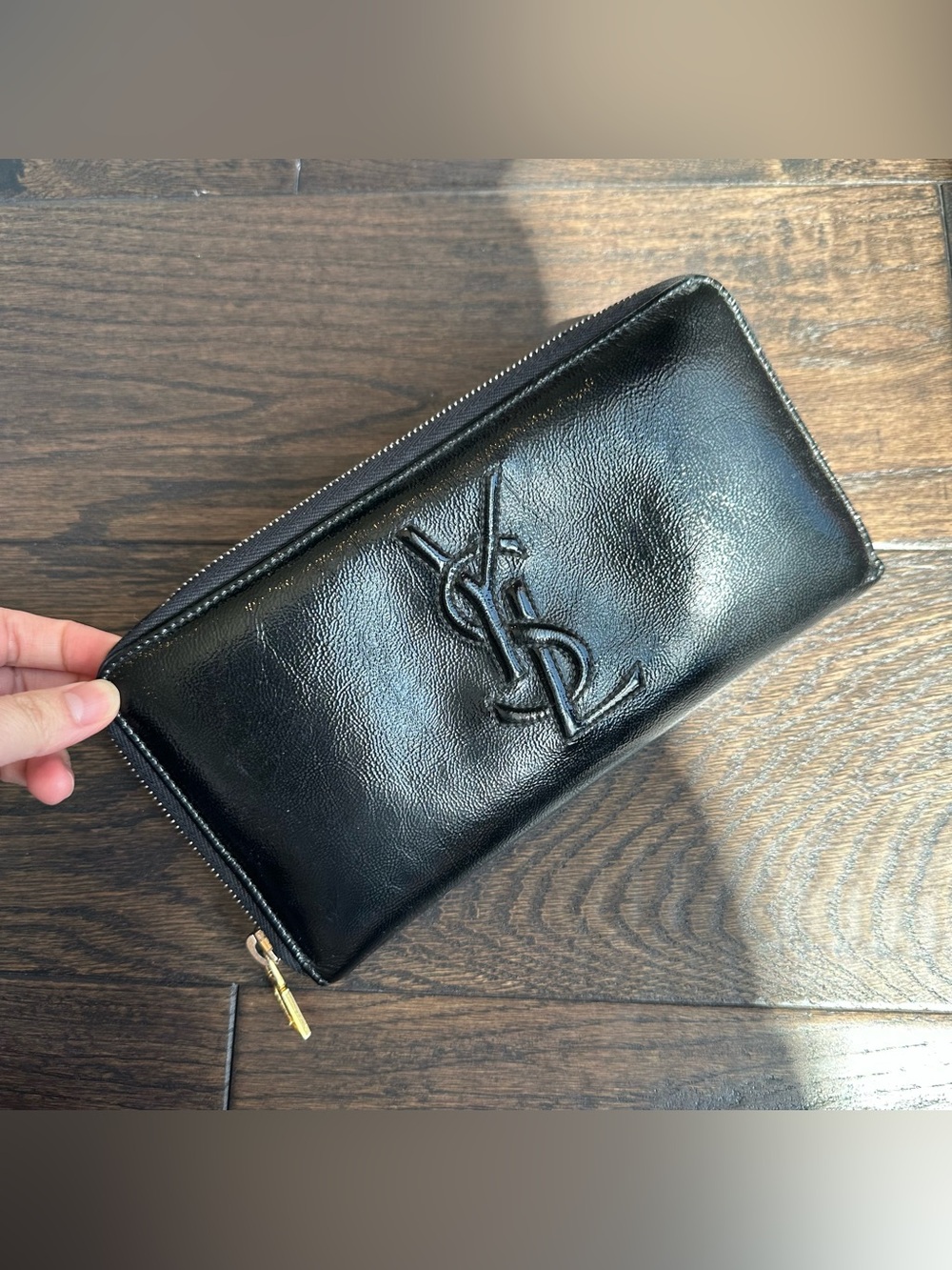 Yves Saint Laurent Logo Black Patent Leather Continental Zipped Long Wallet